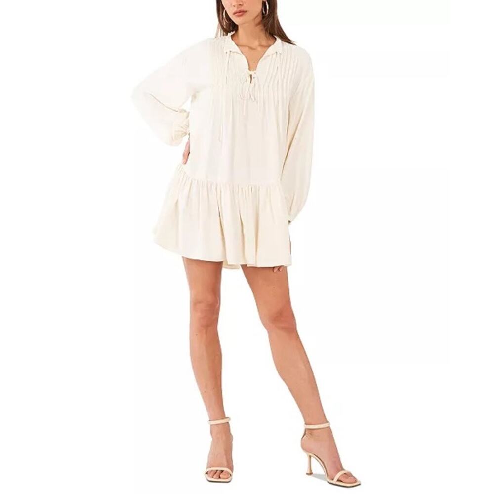 1.State White Split-Neck Pintuck-Front Trapeze Fl… - image 2